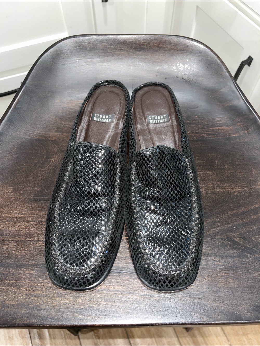 Stuart Weitzman, black snakeskin slides